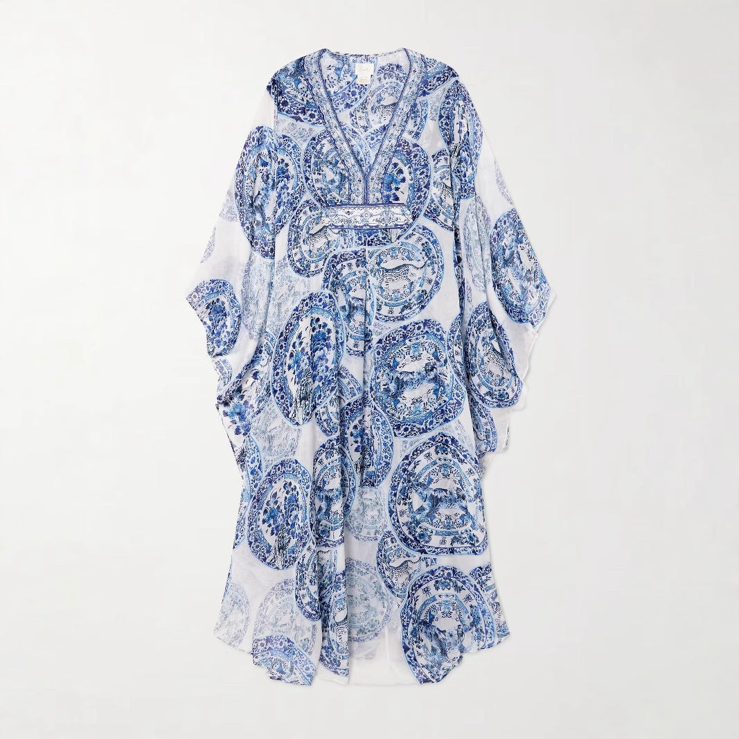 Printed Loose-fitting Plus Size V-neck Dress Women