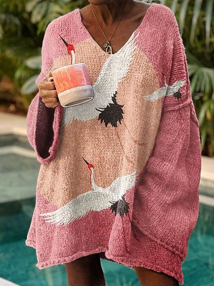 Elegant Digital Printing Casual Loose Women's Sweater Dress