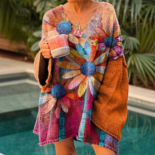 Elegant Digital Printing Casual Loose Women's Sweater Dress
