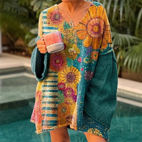 Elegant Digital Printing Casual Loose Women's Sweater Dress