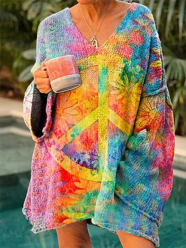 Elegant Digital Printing Casual Loose Women's Sweater Dress