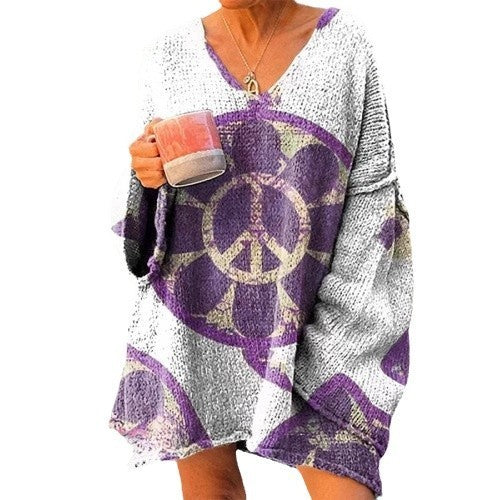 Elegant Digital Printing Casual Loose Women's Sweater Dress