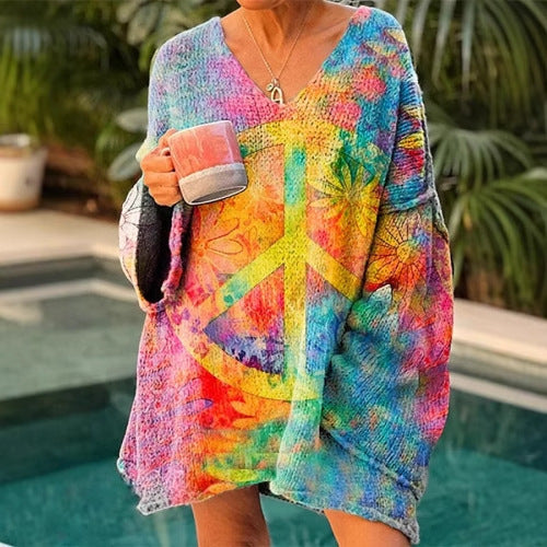 Elegant Digital Printing Casual Loose Women's Sweater Dress