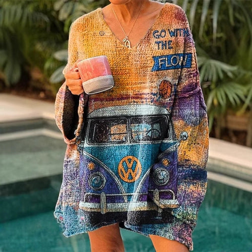 Elegant Digital Printing Casual Loose Women's Sweater Dress