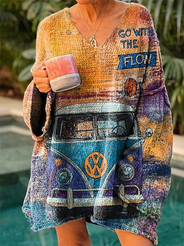 Elegant Digital Printing Casual Loose Women's Sweater Dress