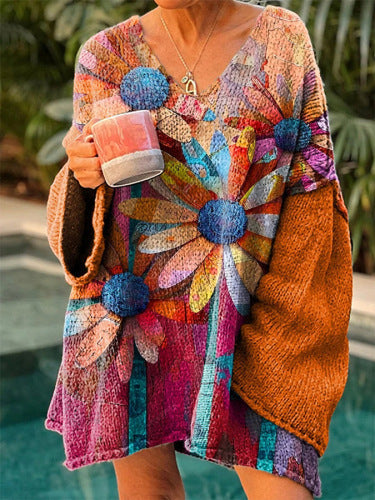 Elegant Digital Printing Casual Loose Women's Sweater Dress