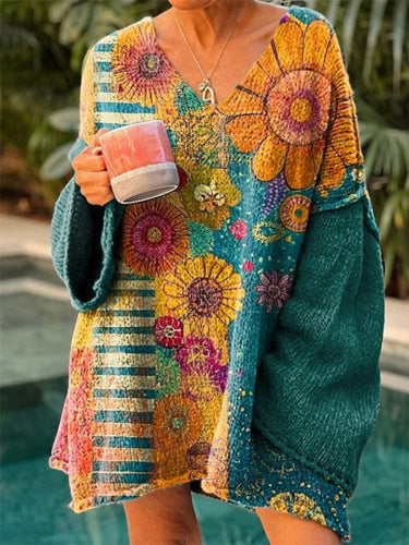 Elegant Digital Printing Casual Loose Women's Sweater Dress